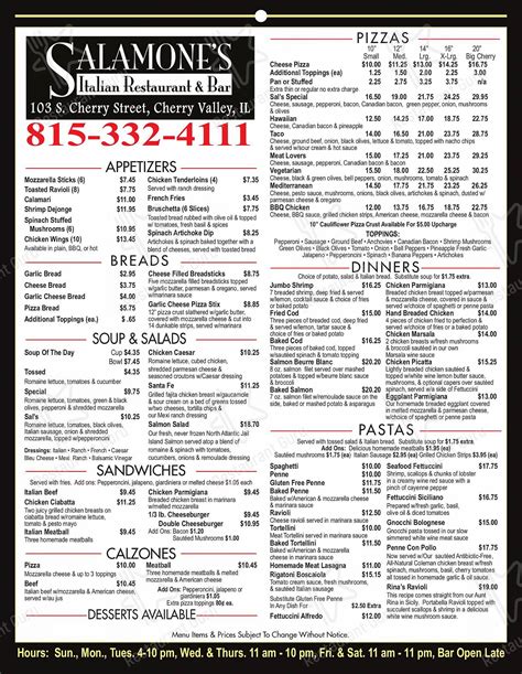 DISCLAIMER Information shown may not reflect recent changes. . Salamones pizza menu